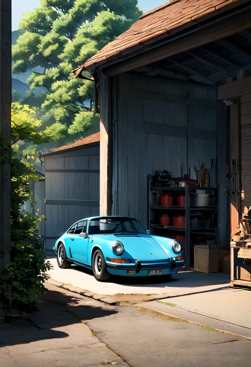 Create an anime-style image of a Porsche 911 parked inside a clean garage, viewed from one of the back corners. Both garage doors are open, revealing the exterior. On the left side of the garage, a large, detailed tree can be seen from inside. In the distance, depict a picturesque valley and mountains. One wall of the garage should have various tools hanging neatly. Use vibrant colors and detailed shading characteristic of anime art to bring the scene to life.