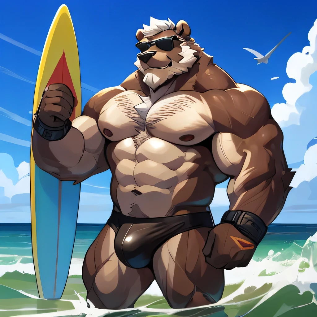 solo, 1boy, Huge Muscular Old Grizzly Bear wearing sunglasses, pectoral, huge pectoral, wide pectoral, short white hair, black competitive briefs short black wristbands and shirtless topless, bearded, Moustache, surf board, background, masterpiece, high detailed, 8k, high resolution, at the ocean, surfing the waves, riding on a surfboard, 