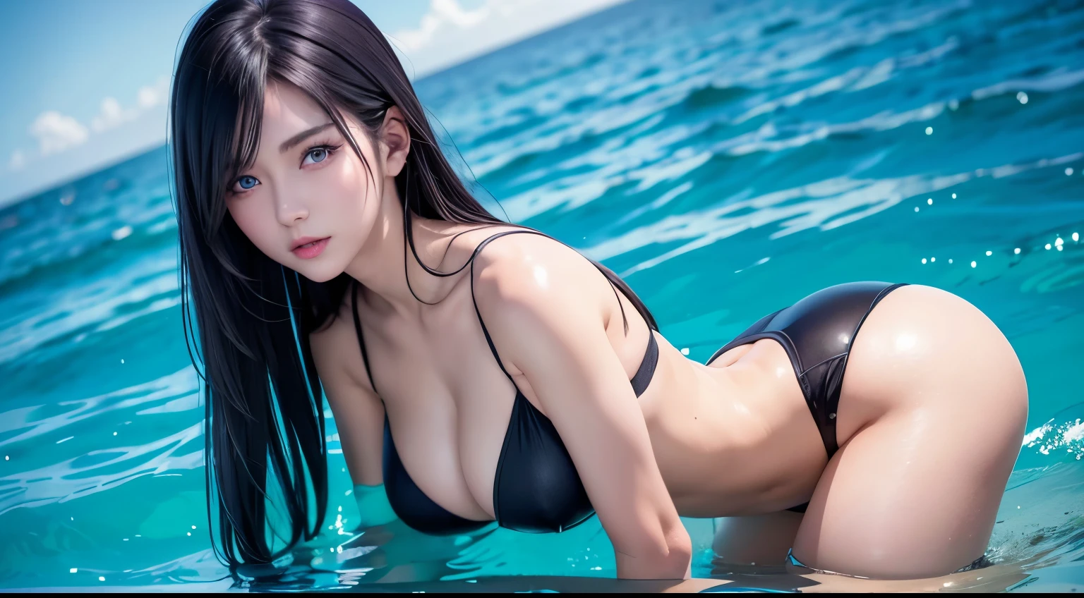 1 girl, Medium light black hair, Bright Blue Eyes, wearing sexy outfit , Ocean , sexy , High resolution, Super sharp, 8k, masterpiece, Viewed from the front 18+