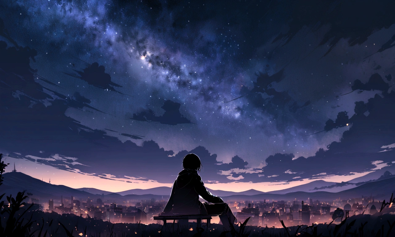 Octane, null, star (null), landscape, starry null, night, only , night null, alone, Outdoor, sign, building, cloud, milky way, Sitting, wood, male, city, silhouette, cityscape、Broken Heart