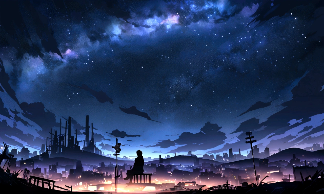 Octane, null, star (null), landscape, starry null, night, only , night null, alone, Outdoor, sign, building, cloud, milky way, Sitting, wood, male, city, silhouette, cityscape、Broken Heart