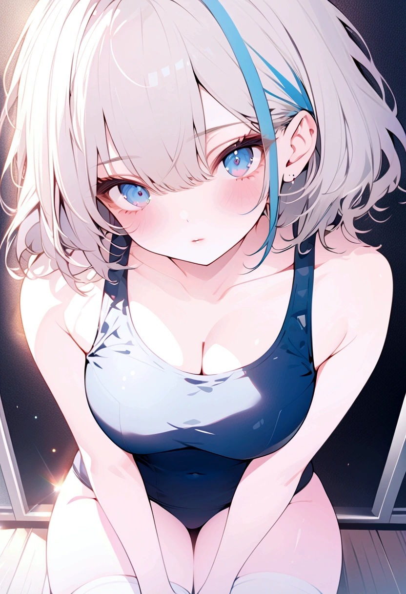 beautiful, masterpiece, highest quality, anime, One girl, C Cup,Portrait Shot, View your viewers, Intricate details,>,((Covered、Short Hair、nearby、Blue Eyes、art、、White hair,Blue streaked hair、wallpaper、ribbon、School swimsuit、White knee socks、Beautiful breasts、Pool、Thighs