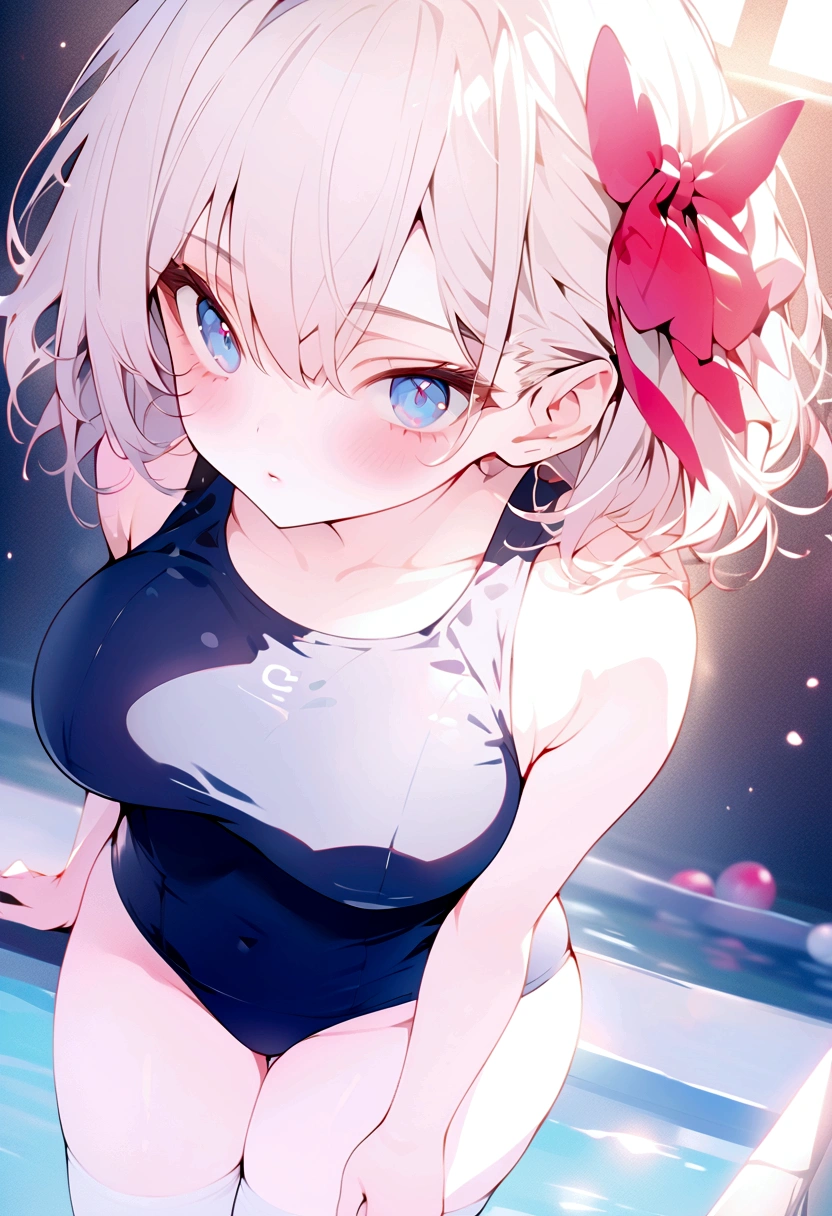 beautiful, masterpiece, highest quality, anime, One girl, C Cup,Portrait Shot, View your viewers, Intricate details,>,((Covered、Short Hair、nearby、Blue Eyes、art、、White hair,Blue streaked hair、wallpaper、ribbon、School swimsuit、White knee socks、Beautiful breasts、Pool、Thighs