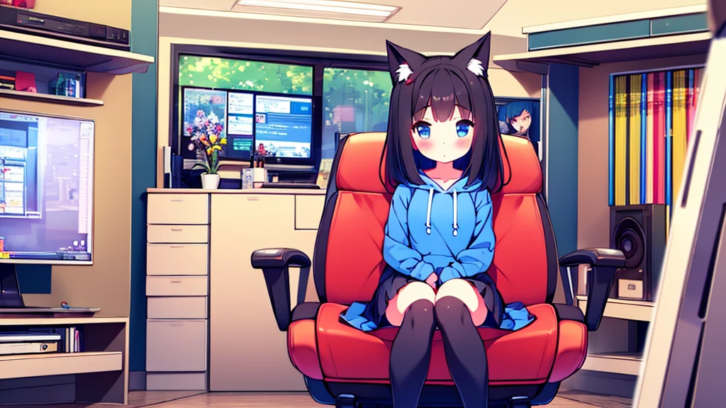 Girl long black hair blue eyes blush on face in PC gaming room Short pleated skirt long stockings cat hoodie great quality 8k very detailed image perfect anatomy full body