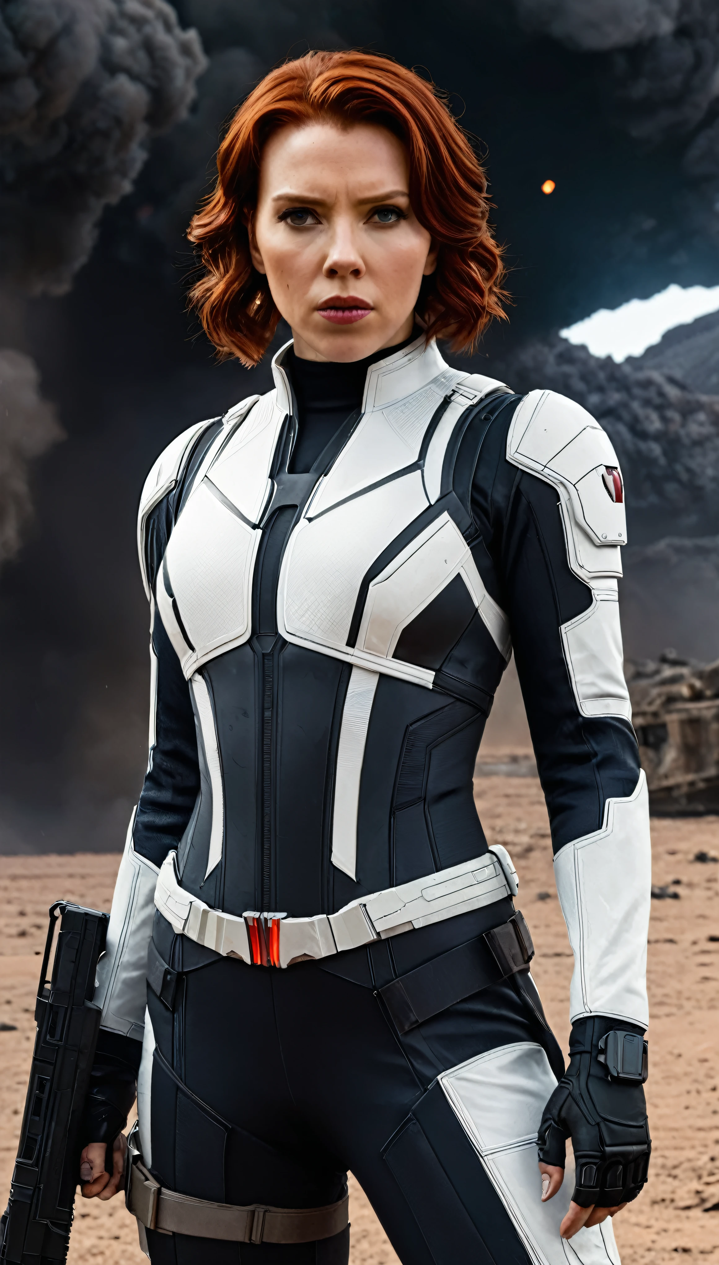 A scene from a movie,The female protagonist is Black Widow in a white armored suit and kitted out with a high-quality gun.、(A devastatingly destroyed spaceship)It reminds me of the official character art before。On a desolate background、Dust from a once thriving galaxy々The remains of the、It reminds me of the setting of a fallen empire.。The surrounding atmosphere、It has the ominous presence of Doom Eternal's zombies.、Its terrifying appearance creates a chilling aura.。A woman stands out in the foreground.、Her images are ultra-detailed, high-resolution masterpieces.。
