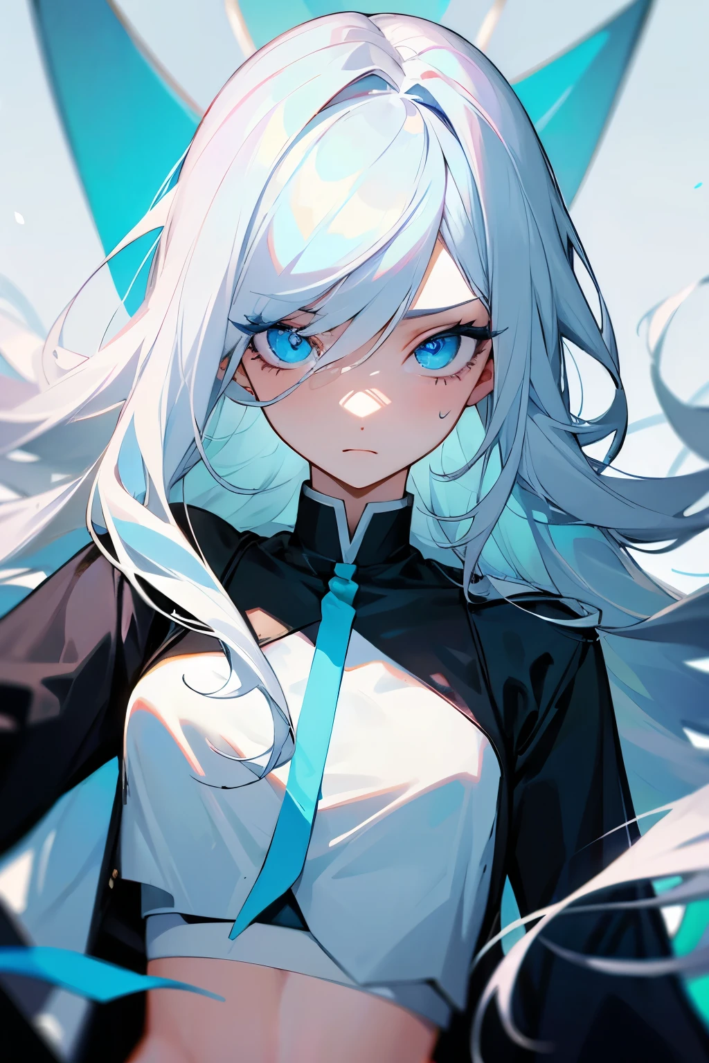 Slender, Femboy, White long hair, crop top, black jacket, masterpiece, very beautiful, blue eye, calm face
