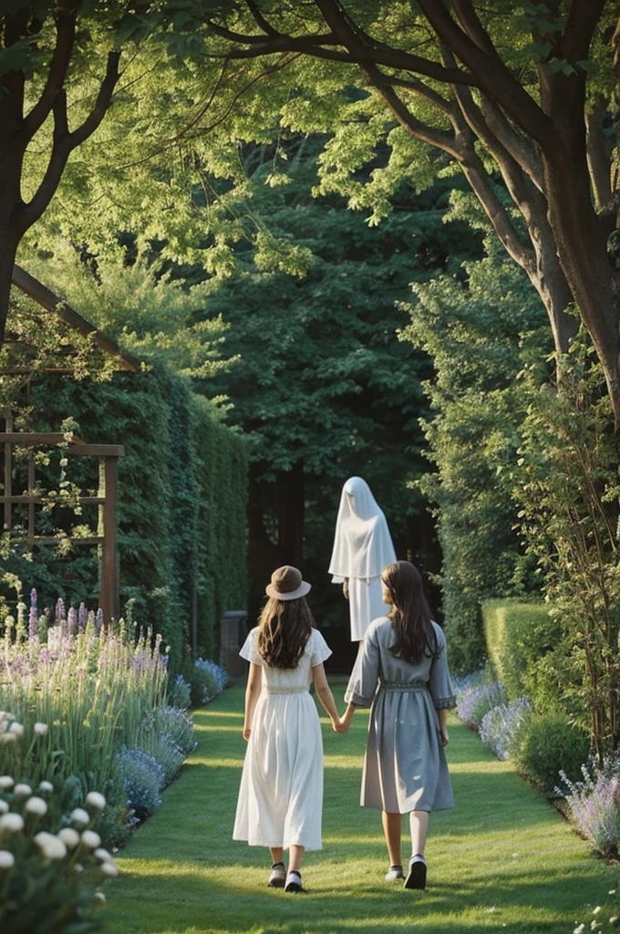 Can you draw me a drawing of a girl walking in a garden holding hands with a girl who is a ghost?