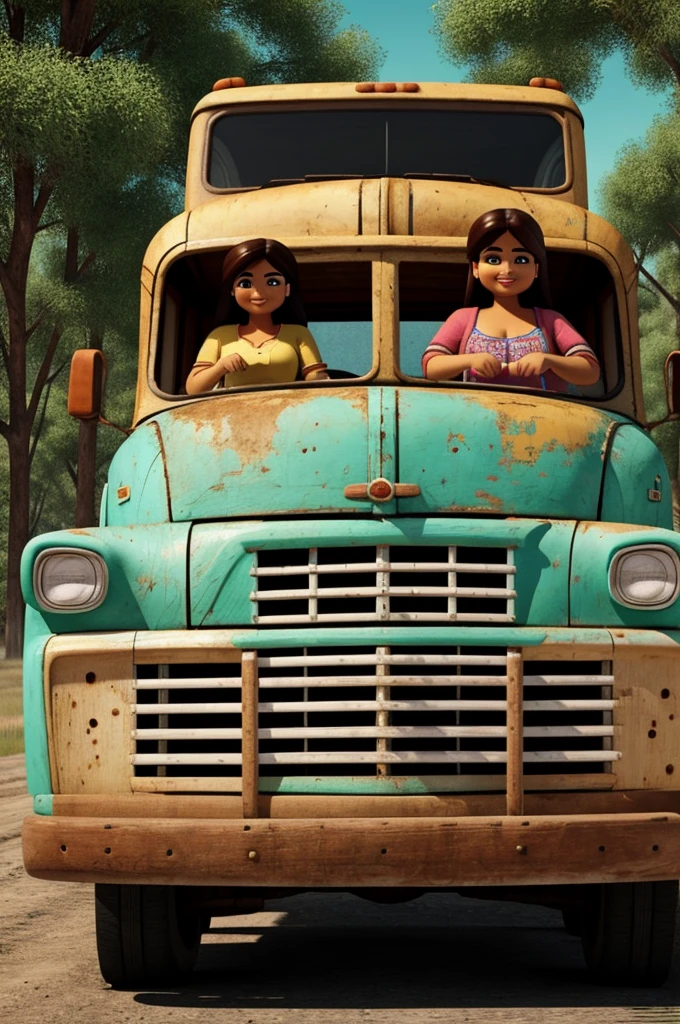 Mexican woman traveling in an old truck in 3d cartoon form 