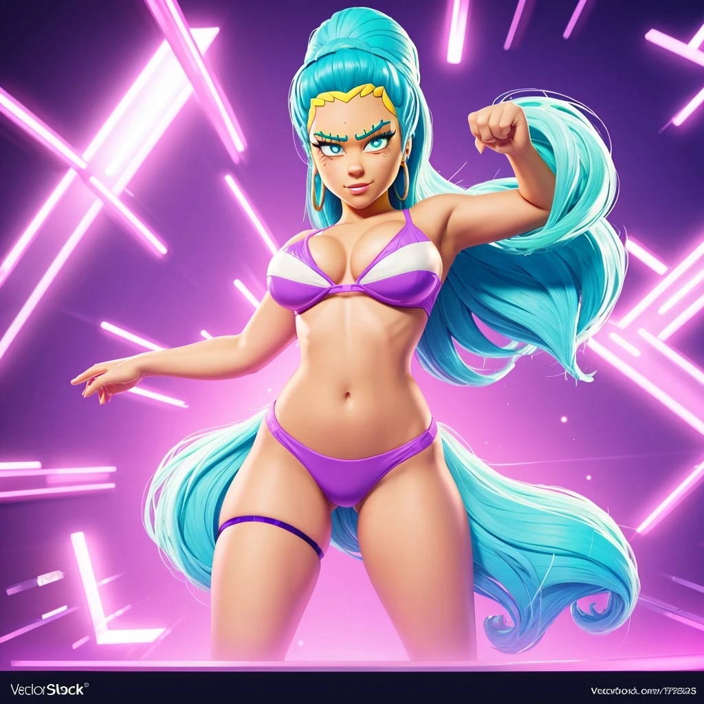 Create eye-catching style featuring attractive women such as: "Luis-Griffin' from 'Family Guy' and "Marge-Simpson" from 'The Simpsons' inspired drawn in the style of "Life-is-Strange" video game characters as well as "Fortnite" video game characters; with her sarcastically attractive facial expression while twerking in the foreground. Dressed in a pastel colored lingerie fashion of neon effects, they should have a attractive bodies with a nice rounded bodies, isometric pixel art, 64x64, digital art. Use the colors of: Black, white, pastel pink, neon green, purple, yellow, and cerulean blue fantasy background. Make the characters styles of hand-painted textures to give its graphics a canvas-like feel.