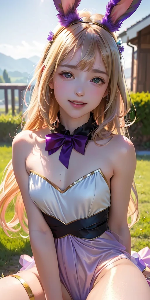 masterpiece, best quality, extremely detailed CG unity 8k wallpaper,((Upper Body)) ,((Upper Body head close-up shot of a beautiful little girl)), , Elegant Long straight blonde hair, (Mckenna Grace), ((flat chest,thighs,Black Skin,)), (purple-green) golden (Glittering tutu,long Bunny Ear Headgear, , Bow-tie, No panties, genitals visible), ((spread legs)),(), (Blush), , (seductive smile), (outdoors), pretty face, key art, award winning, intricate detail realism hdr, by (ruan jia and artgerm and range murata), Photorealism, Hyperrealism, ultra realistic, dramatic light, intense shadows, gorgeous view, depth of field