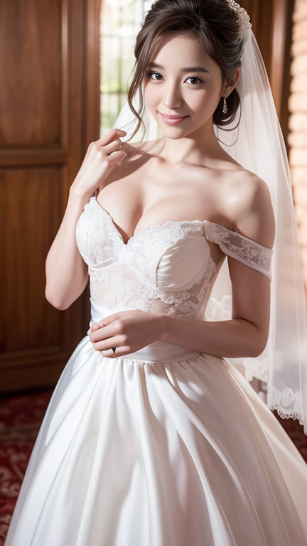 Young girl in wedding dress and updo, Off-shoulder neckline, and a long veil. her face is young and innocent, Looks like a . She looks at the camera with a playful expression. Detailed artwork with vivid illustrations, Realistic colors, Capture every detail. The medium of digital painting, Guaranteed best quality and high resolution (4K or 8K). soft and romantic lighting, creating a dream-like atmosphere. The overall color is warm and gentle................, Highlight the joy and beauty of your wedding scene.frontage、full body Esbian、A smile