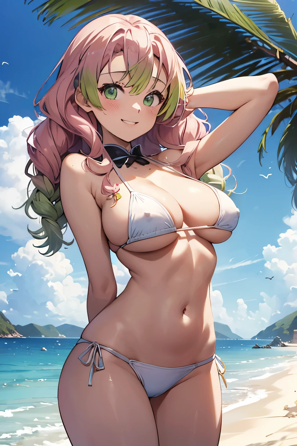 (8K、masterpiece、Highly detailed background、high resolution)、(mitsuri kanroji)、Cleavage、(beach、White Bikini、Gravure pose、Embarrassed smile、Nipple protrusion)