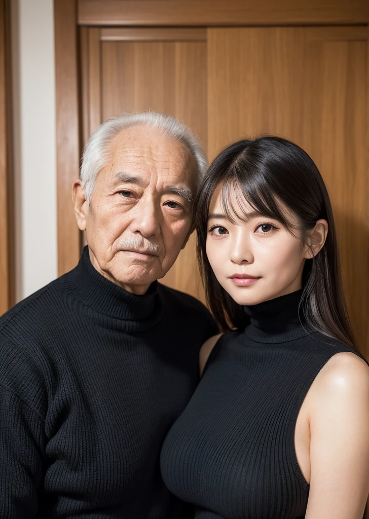 High resolution、High level image quality、high detail、masterpiece、realistic skin,、rough skitomically correct)、(A 70-year-old man and a 29-year-old woman are standing next to each other.)、((27 year old Japanese cute,big breasted woman_wearing a black knit high neck、75 year old Japanese male grandfather))、((whole body_from head to foot))、one's home、Breast skin is not visible、The photo shows up to the waist, sex, during sex, grabbing from behind