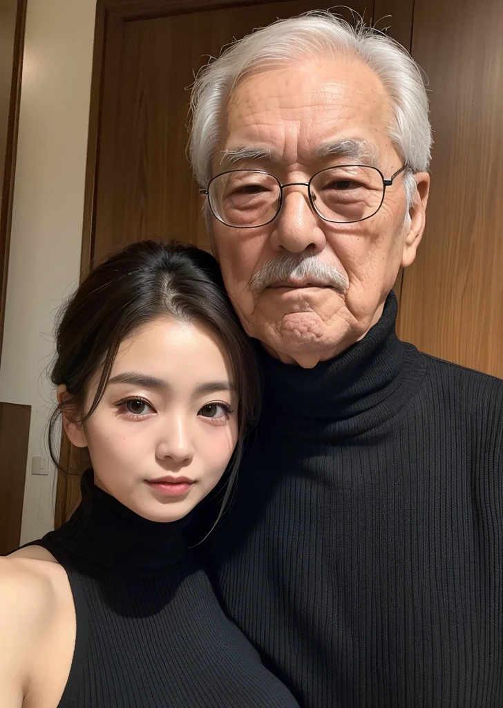 High resolution、High level image quality、high detail、masterpiece、realistic skin,、rough skitomically correct)、(A 70-year-old man and a 29-year-old woman are standing next to each other.)、((27 year old Japanese cute,big breasted woman_wearing a black knit high neck、75 year old Japanese male grandfather)）、((whole body_from head to foot))、one's home、Breast skin is not visible、The photo shows up to the waist, , during , grabbing 