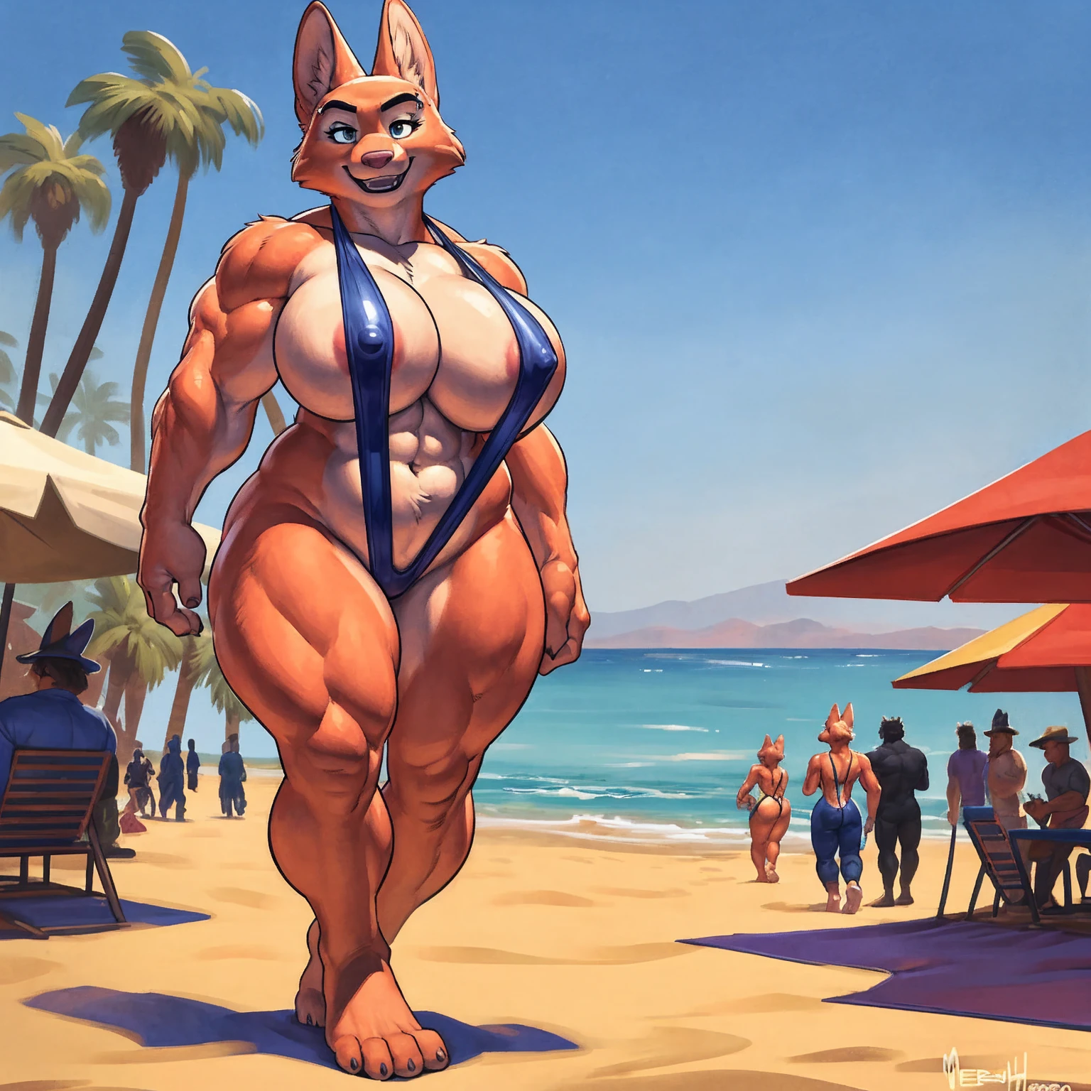 8K, ((masterpiece)), ((stunning artwork)), (carefully drawn), (highly detailed), solo, alone, uploaded to e621.net, solo, by meesh, by darkgem, by wfa, by kevinsano, diane foxington, eyebrow piercing, female, detailed eyes, perfect eyes, (huge breasts:1.1), nipple outline, (sling bikini:1.5), hyper hips, standing upright, older woman, milf, short, curvy, thick, muscular, buff, bodybuilder, bare midriff, bare feet, standing on sand, walking toward viewer, smiling, cute smile, tail, beachside, venice beach, los angeles, sunny day, brightly lit, standing upright, casual posture, crowded, figures in background