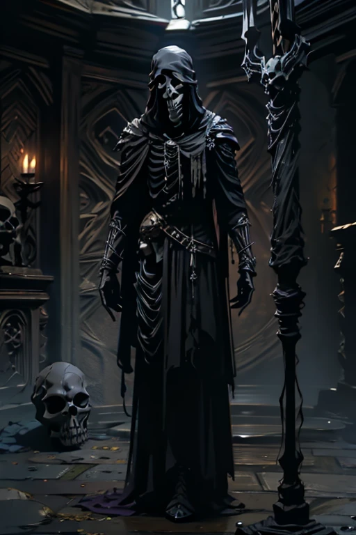 (full body:1.4).skeleton with purple lights in eye sockets.(realistic illustration:1.3),((dark fantasy:1.4)).((male)) ((black skull face:1.4)), ((Hooded)) (shadow) ((wraith)) in ((heavy obsidian armor)), tall, imposing, (glowing violet eyes:1.2), (cross pendant:1.3). brandishing black ((great sword)) in purple flames. masterpiece