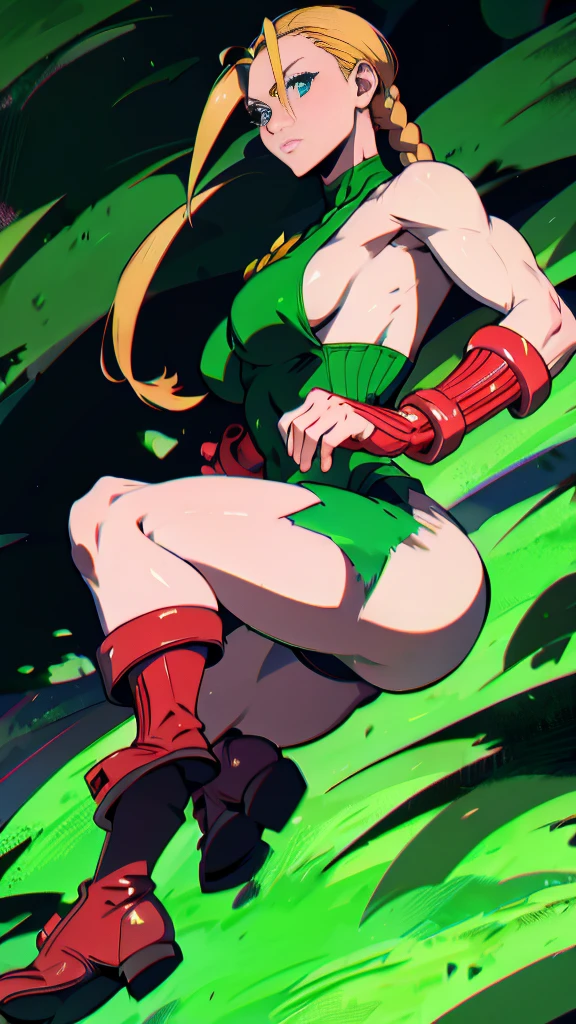 Street fighter cammy, showing armpits and pussy, half naked.(((half naked))) forest background, green outfit, red boots.