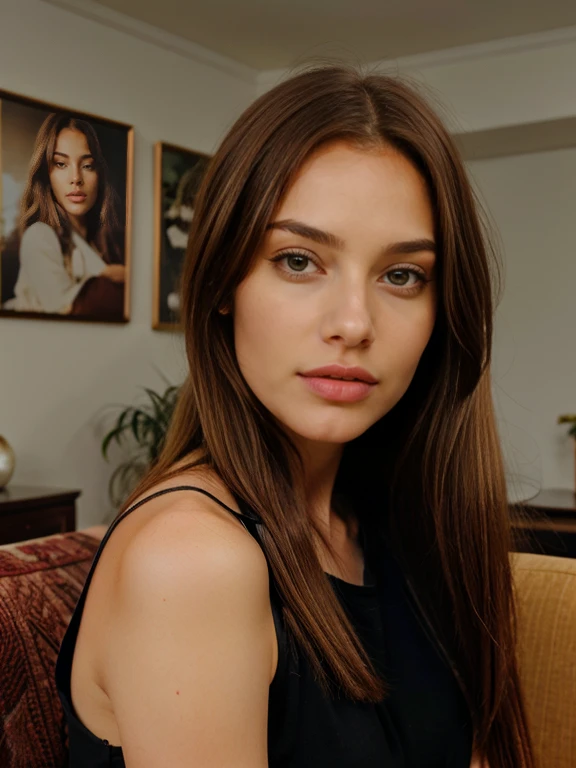close-up portrait, pretty girl, long hair, copper hair, hazel eyes, white skin color, age 18, 8k photo quality, as realistic as possible, in a living room