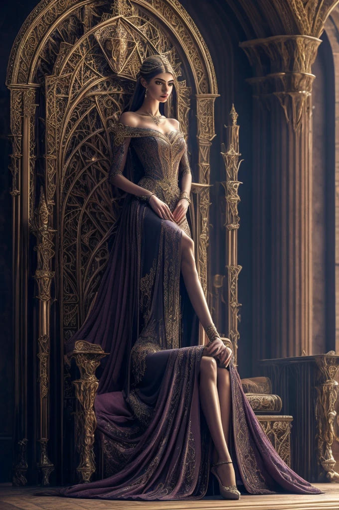 a beautiful slender queen, detailed facial features, beautiful detailed eyes, beautiful detailed lips, extremely detailed face, long eyelashes, big breasted, wearing a beautiful fantasy dress, sitting on a throne in a throne room, fantasy landscape background, dramatic lighting, cinematic angle, award winning concept art, 8k, ultra-detailed, photorealistic, vibrant colors, dramatic lighting
