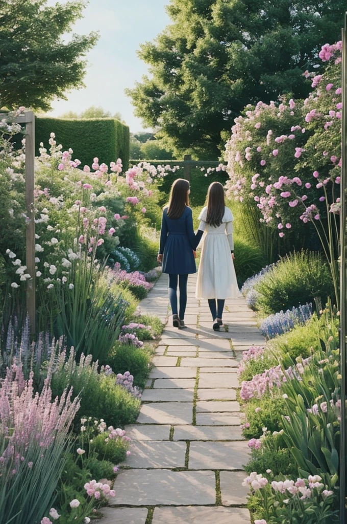 Can you make me an illustration of a girl walking in a garden holding hands with a girl who is a ghost? 