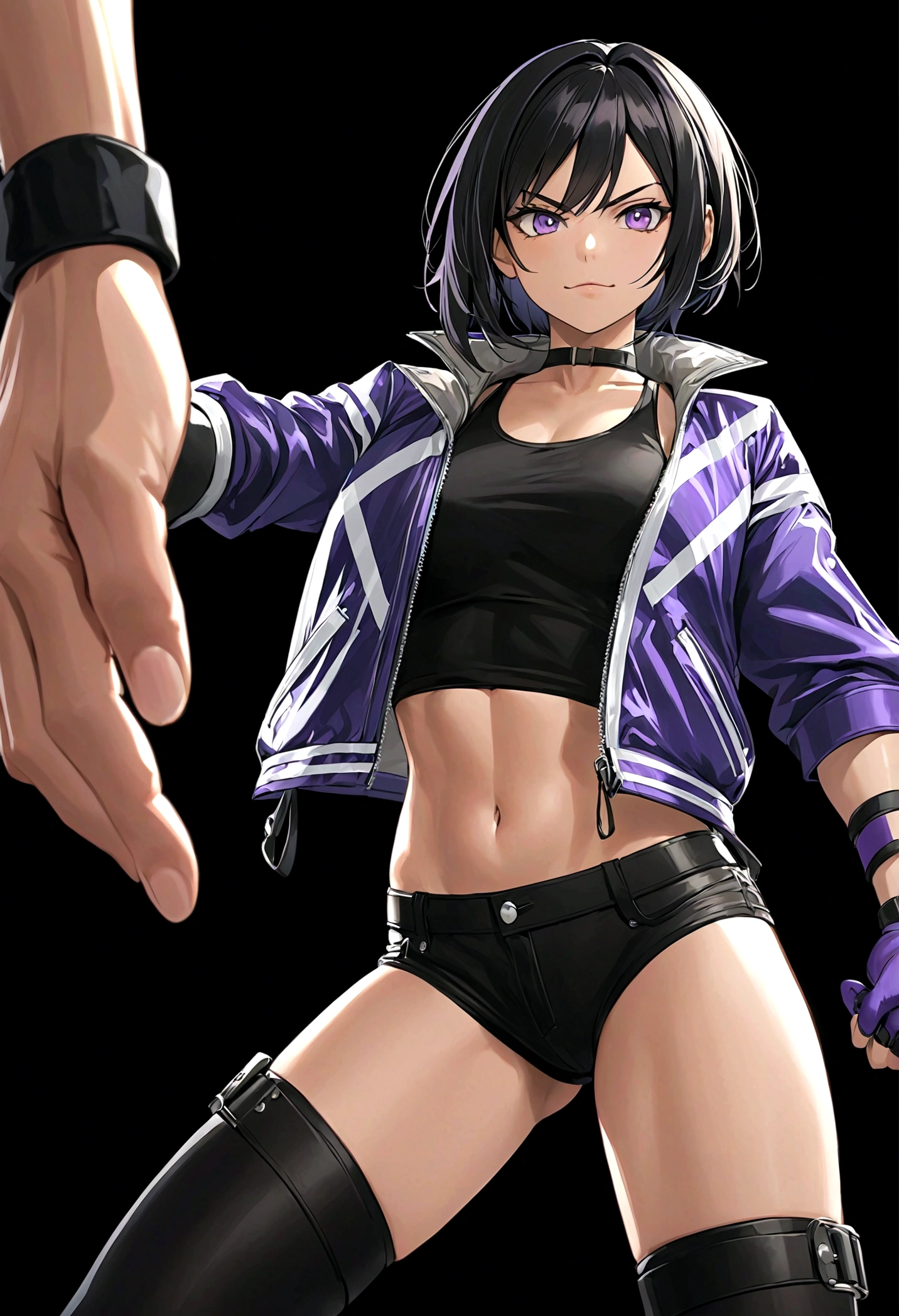 Tomboy girls, Sexy, Smart, Strong, muscular body, Tall Body, Short black hair, purple pupil eyes, black plain chokers, wear jacket, black Crop top, short black jeans, thick long black stocking, High black boots, fingerless black gloves, One hand pulls the edge of a glove to tighten it, while the other hand is already gloved and clenched into a fist. She expression is smile intimidate, eyes staring sharply ahead, indicating readiness to fight, black background, Tekken Art Style, Anime art style.