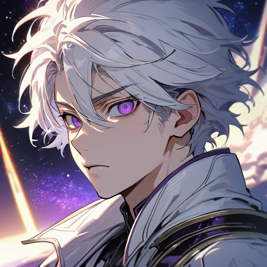 High quality, HD, 4k, handsome male, 1male, 17 years old, teenager, golden lining, short white hair, sharp eyes, dark purple eyes, deep purple eyes, devil may cry, close up, calm expression, stoic expression, white leather clothes, lean body, upper body, looking at viewer, cowboy shot, white solar, space background