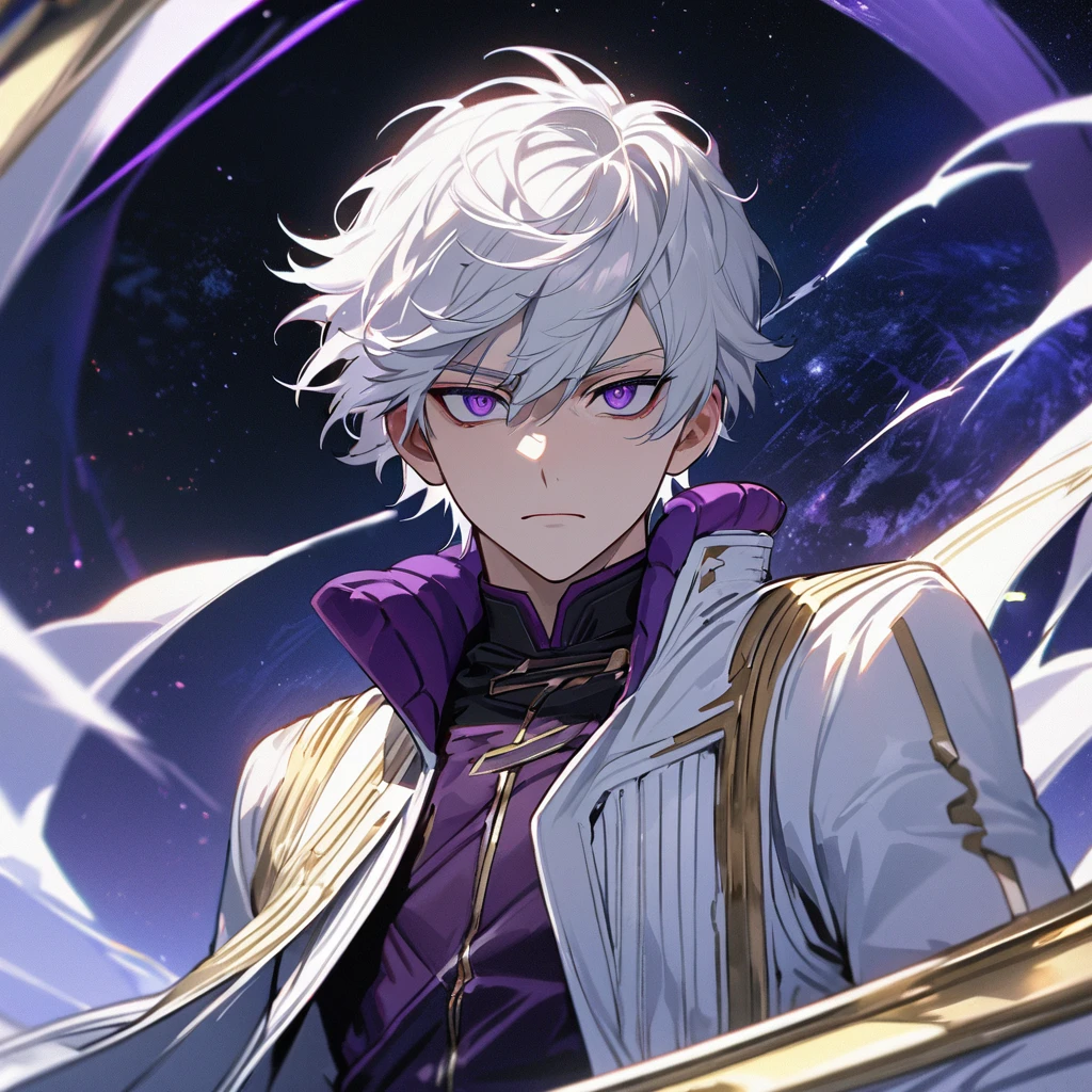 High quality, HD, 4k, handsome male, 1male, 17 years old, teenager, golden lining, short white hair, sharp eyes, dark purple eyes, deep purple eyes, devil may cry, close up, calm expression, stoic expression, white leather clothes, lean body, upper body, looking at viewer, cowboy shot, white solar, space background