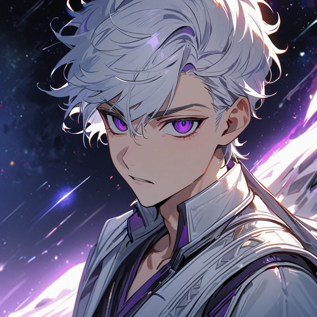 High quality, HD, 4k, handsome male, 1male, 17 years old, teenager, golden lining, short white hair, sharp eyes, dark purple eyes, deep purple eyes, devil may cry, close up, calm expression, stoic expression, white leather clothes, lean body, upper body, looking at viewer, cowboy shot, white solar, space background