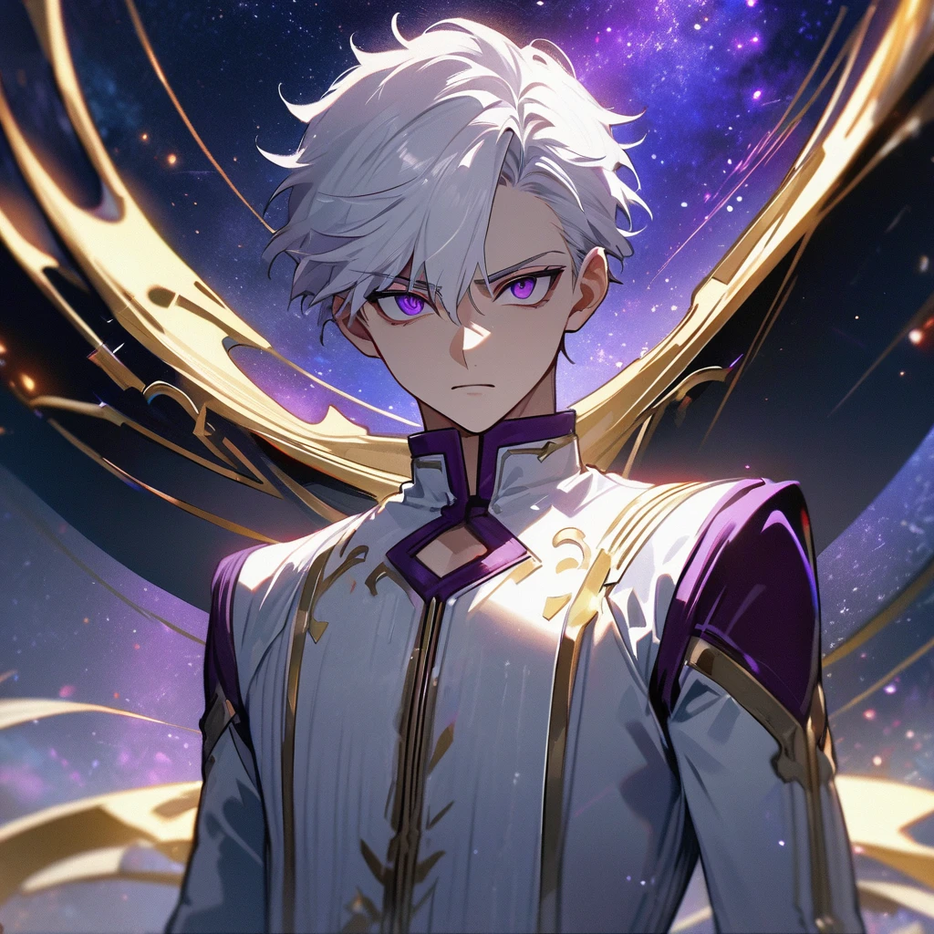 High quality, HD, 4k, handsome male, 1male, 17 years old, teenager, golden lining, short white hair, sharp eyes, dark purple eyes, deep purple eyes, devil may cry, close up, calm expression, stoic expression, white leather clothes, lean body, upper body, looking at viewer, cowboy shot, white solar, space background