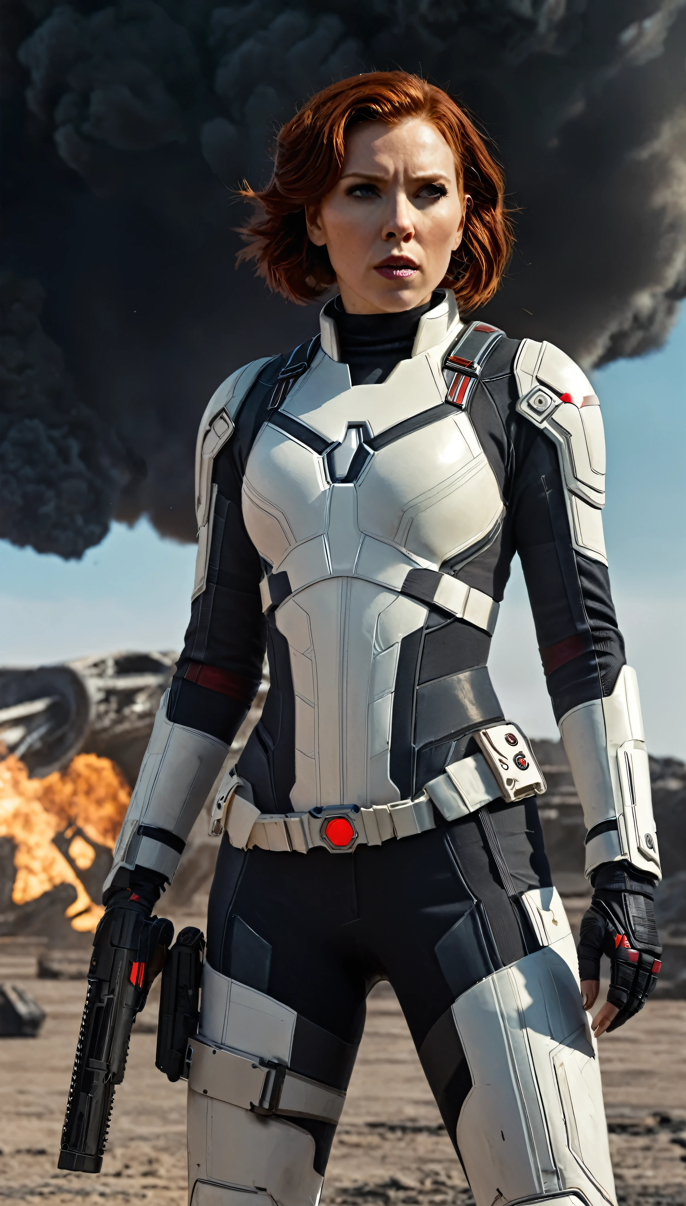 A scene from a movie，The female protagonist is Black Widow in a white armored suit and kitted out with a high-quality gun.、（A devastatingly destroyed spaceship）It reminds me of the official character art before。On a desolate background、Dust from a once thriving galaxy々The remains of the、It reminds me of the setting of a fallen empire.。The surrounding atmosphere、It has the ominous presence of Doom Eternal&#39;s zombies.、Its terrifying appearance creates a chilling aura.。A woman stands out in the foreground.、Her images are ultra-detailed, high-resolution masterpieces.。
