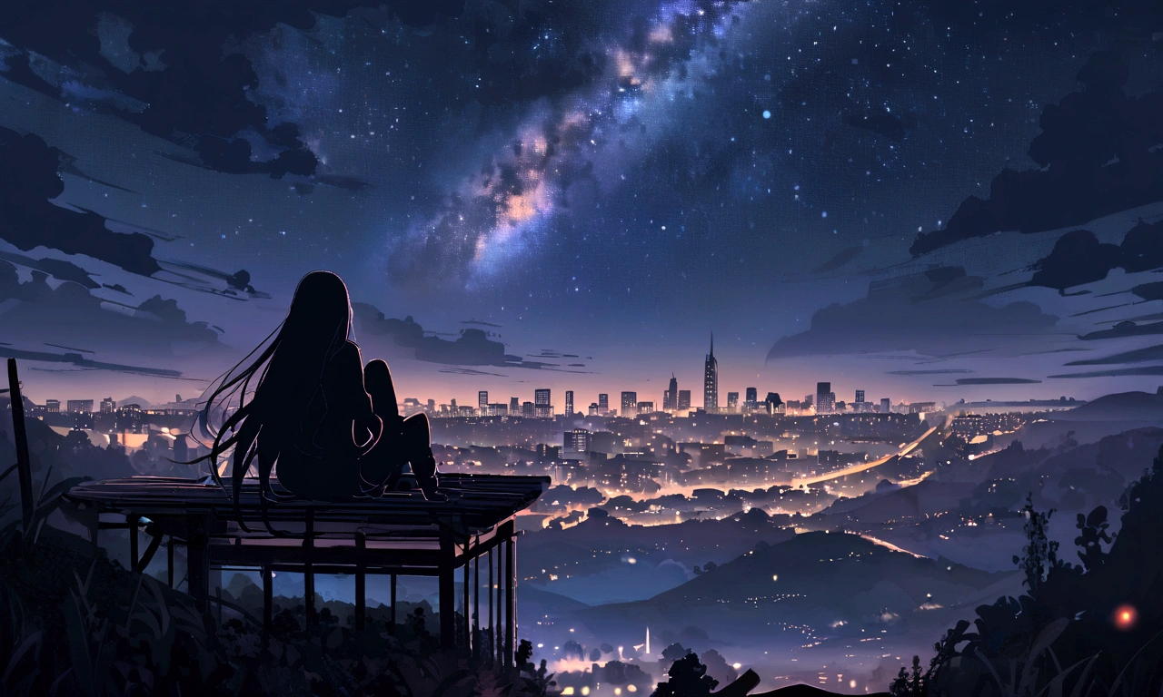 Octane, null, star (null), landscape, starry null, night, only , night null, alone, Outdoor, sign, building, cloud, milky way, Sitting, wood, Long Hair, city, silhouette, cityscape