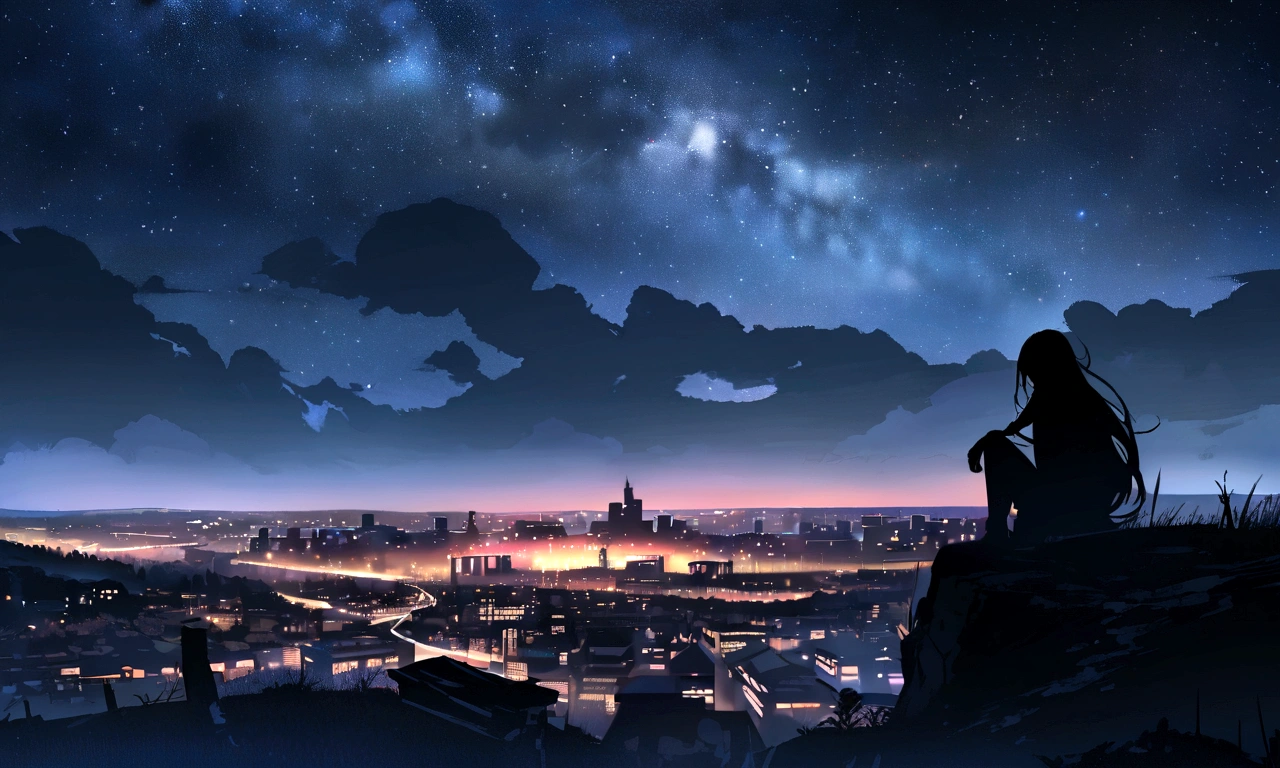 Octane, null, star (null), landscape, starry null, night, only , night null, alone, Outdoor, sign, building, cloud, milky way, Sitting, wood, Long Hair, city, silhouette, cityscape