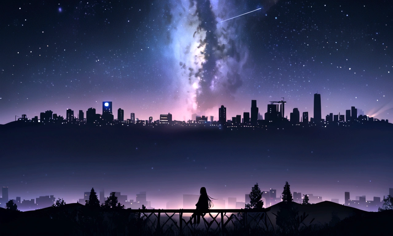 Octane, null, star (null), landscape, starry null, night, only , night null, alone, Outdoor, sign, building, cloud, milky way, Sitting, wood, Long Hair, city, silhouette, cityscape