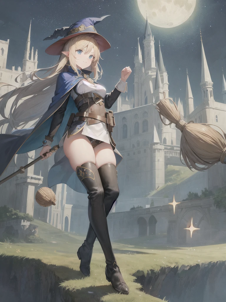 masterpiece, best quality, ultra-detailed, illustration, 1girl, solo, fantasy, flying, broom, night sky, outdoors, magic, spells, moon, stars, clouds, wind, hair, cape, hat, boots, broomstick, glowing, mysterious, enchanting, whimsical, playful, adventurous, freedom, wonder, imagination, determination, skill, speed, movement, energy, realism, naturalistic, figurative, representational, beauty, fantasy culture, mythology, fairy tales, folklore, legends, witches, wizards, magical creatures, fantasy worlds, composition, scale, foreground, middle ground, background, perspective, light, color, texture, detail, beauty, wonder.