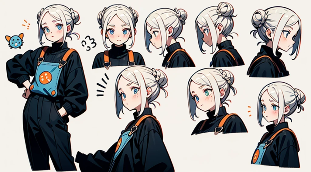 21 years old, White-haired girl, armpit hair length((Bun hairstyle)) white hair,Bright and clear eyes, short hair, Fantasy novels, whole body, Blue freckles on face,White background, Front view, side view, Rear view, concept art, Magic character design, white hair,Bright and clear eyes, short hair, Fantasy novels, whole body, Freckles on the face, Black overalls skirt multiple views, 星shoe, 魔法shoe, shoe, Solid color background, slope,