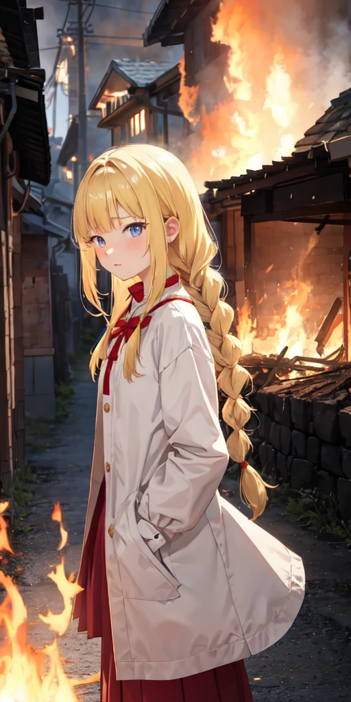 slavian girl anime fire on background, the village is burning, the girl is standing sideways, blonde, long braid, sad