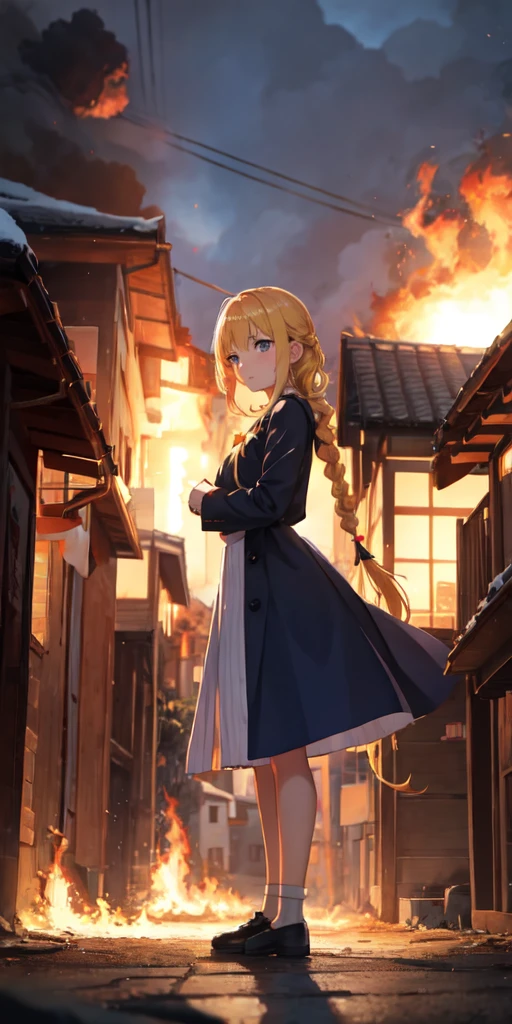 slavian girl anime fire on background, the village is burning, the girl is standing sideways, blonde, long braid, sad