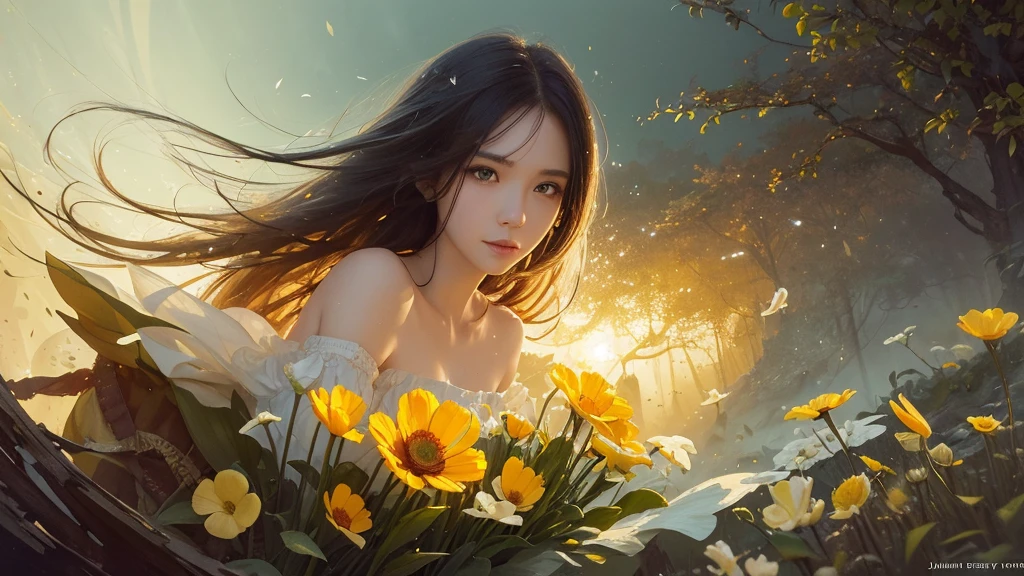 32k, Masterpiece, highest quality, One girl, Detailed eyes, flower,Sandersonia, Yellow and white style,A dreamy, romantic piece,Pale orange, Mysterious Leaves,A playful arrangement,Fantasy,High Contrast,Ink strokes,explosion,Exposure, Impression of yellow and white tones,Abstract,((Watercolours by John Berkey and Jeremy Mann )) Brush strokes,Negative Space, Tyndall effect,