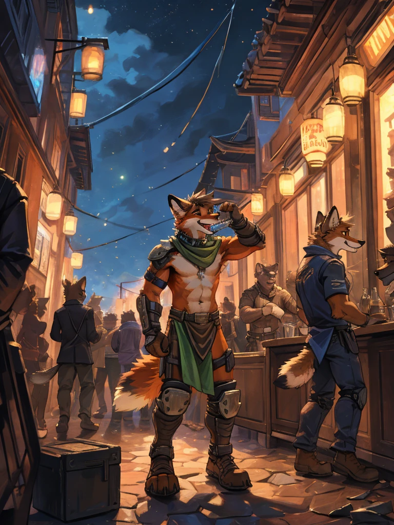 Furry, furry, teen, red fox, spiked brown hair only on head, collar, brown eyes, goggles, green loincloth, green scarf, elbow pads, knee pads, masterpiece, No muscles, Detailed hands, detailed face, detailed eyes, detailed body, Flat body, Skinny, claws, high resolution, metal cuffs on wrists, metal cuffs on ankles, no shirt, no underwear, crowded nightclub, drinking, laughing, art by kenket