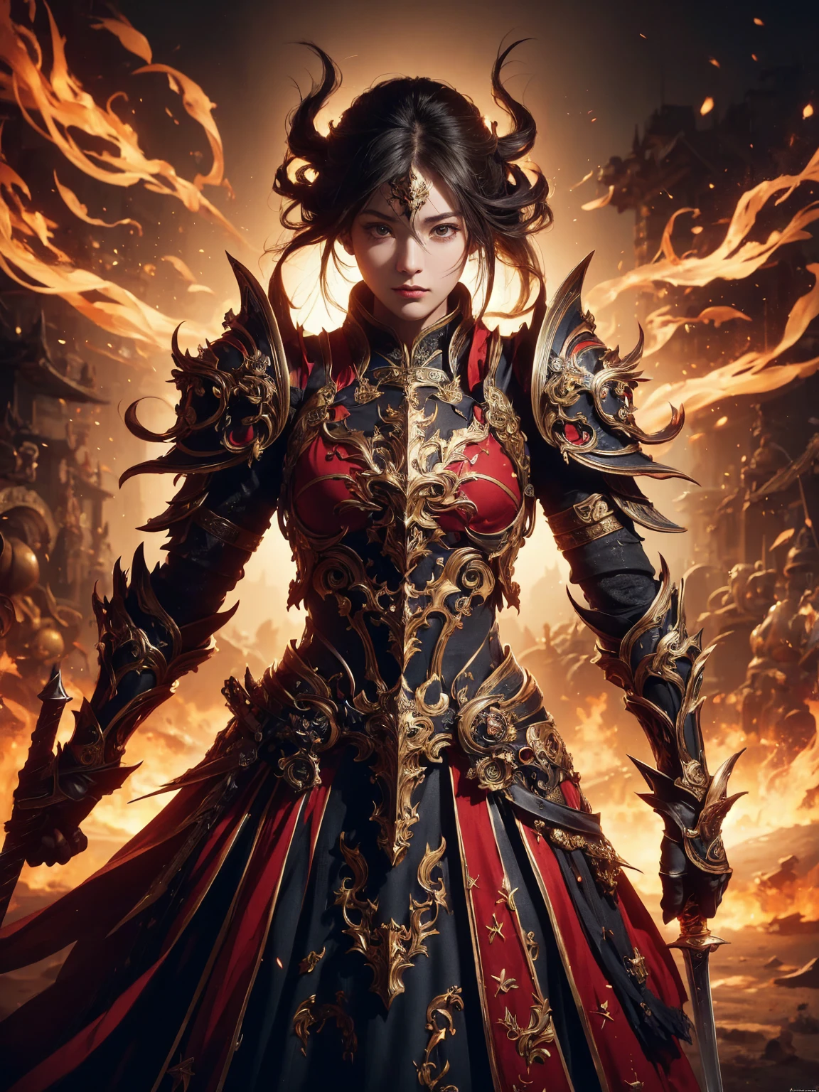 ((Low angle view)), ((Detailed background)), ((Battlefield, group of armies)), (masterpiece, top quality, best quality, official art, beautiful and aesthetic:1.2), (1girl),craft a Hyper-realistic portrayal of a futuristic (1girl1.2), beautiful character donned in intricate armor surrounded by captivating flames, an epic long (sword:1.2), Dynamic pose, Random pose, Dynamic angle, battle stance, Meticulous details capture the intense fusion of tradition and innovation in this visually stunning composition. Trending on Artstation. Perfect lighting,,