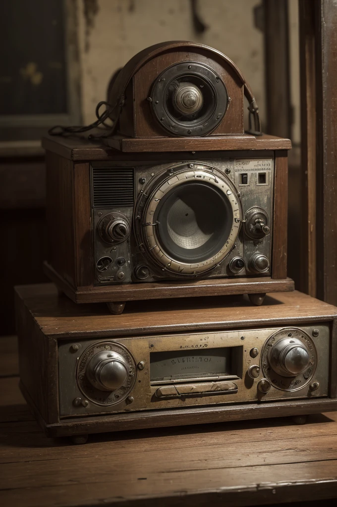 ((best quality)), ((masterpiece)), (detailed), perfect face An old popular radio from the 40s with a wealth of details, sujo, quebrado, sujo e mal cuidado, on an old, dirty table in a dark, dreary environment on a cloudy Sunday afternoon