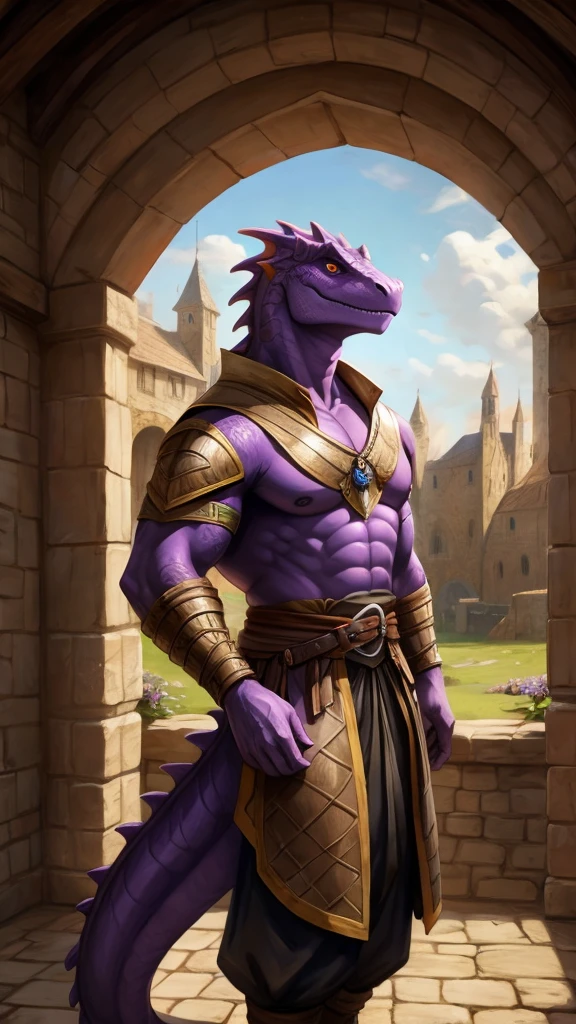 Handsome lizardman, medieval clothing, purple skin