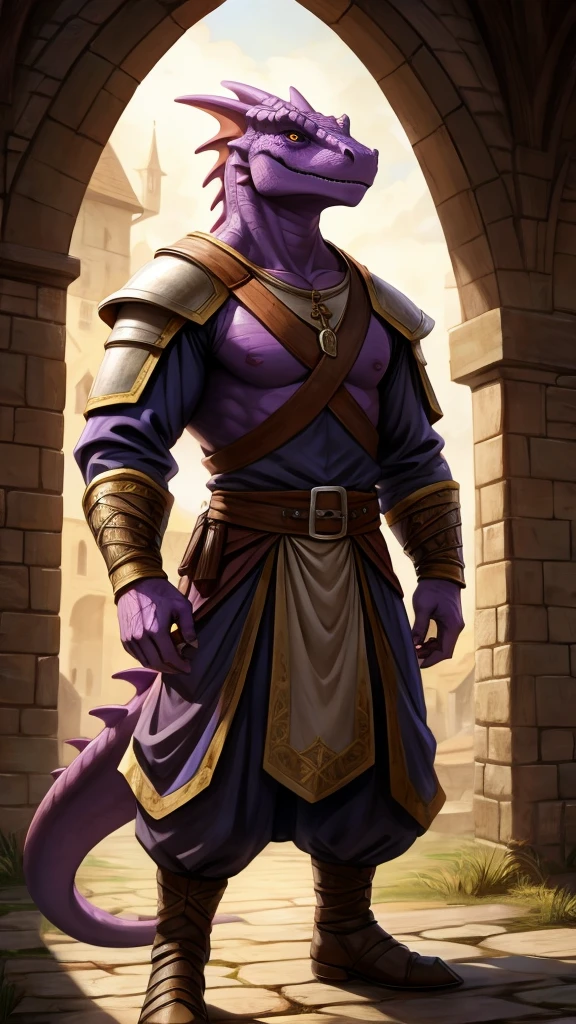 Handsome lizardman, medieval clothing, purple skin