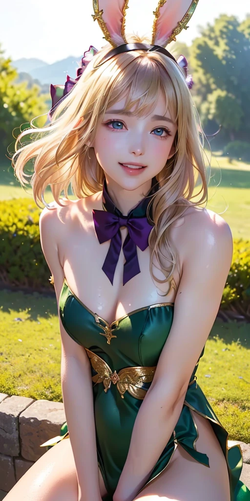 masterpiece, best quality, extremely detailed CG unity 8k wallpaper,((Upper Body)) ,((Upper Body head close-up shot of a beautiful ***********)), , Elegant Long straight blonde hair, (Mckenna Grace), ((flat chest,thighs,Black Skin,)), (purple-green) golden (Glittering tutu,long Bunny Ear Headgear, , Bow-tie, No panties, genitals visible), ((spread legs)),(), (Blush), , (seductive smile), (outdoors), pretty face, key art, award winning, intricate detail realism hdr, by (ruan jia and artgerm and range murata), Photorealism, Hyperrealism, ultra realistic, dramatic light, intense shadows, gorgeous view, depth of field