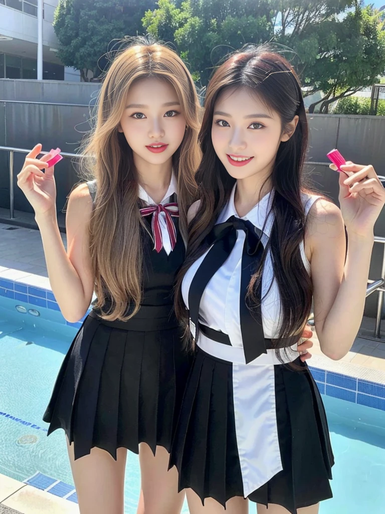 (Two super cute Korean high school girls take a photo together 1.2)(To laugh out loud:1.2)(Beautiful Sweat:1.1)(16k, RAW Photos, highest quality, masterpiece: 1.2),(Mr.々Beautiful blonde with a stylish hairstyle:1.2) Super detailed, Super Resolution, (Genuine, Genuine photos: 1.37), Portraiture, High-resolution RAW color photos, Professional photos, Very detailed, 8k wallpaper, Very detailed CG Unity 8k wallpaper, Very detailed beautiful girls, Very detailed faces, ((whole body)), beautiful woman, Huge breasts,(huge boobs:1.1) (Big Boobs:1.1), Beauty college student (A tight, girly sleeveless  with ribbons),high school girl, Korean Girls,(K-POP Female Idols), (Idol-class beauty)(Beautiful high school girl:1.1)(School swimming pool)(18-year-old)(Stylish school uniform-style outfit for summer:1.1)(Group photo:1.2)(Splash:1.1)