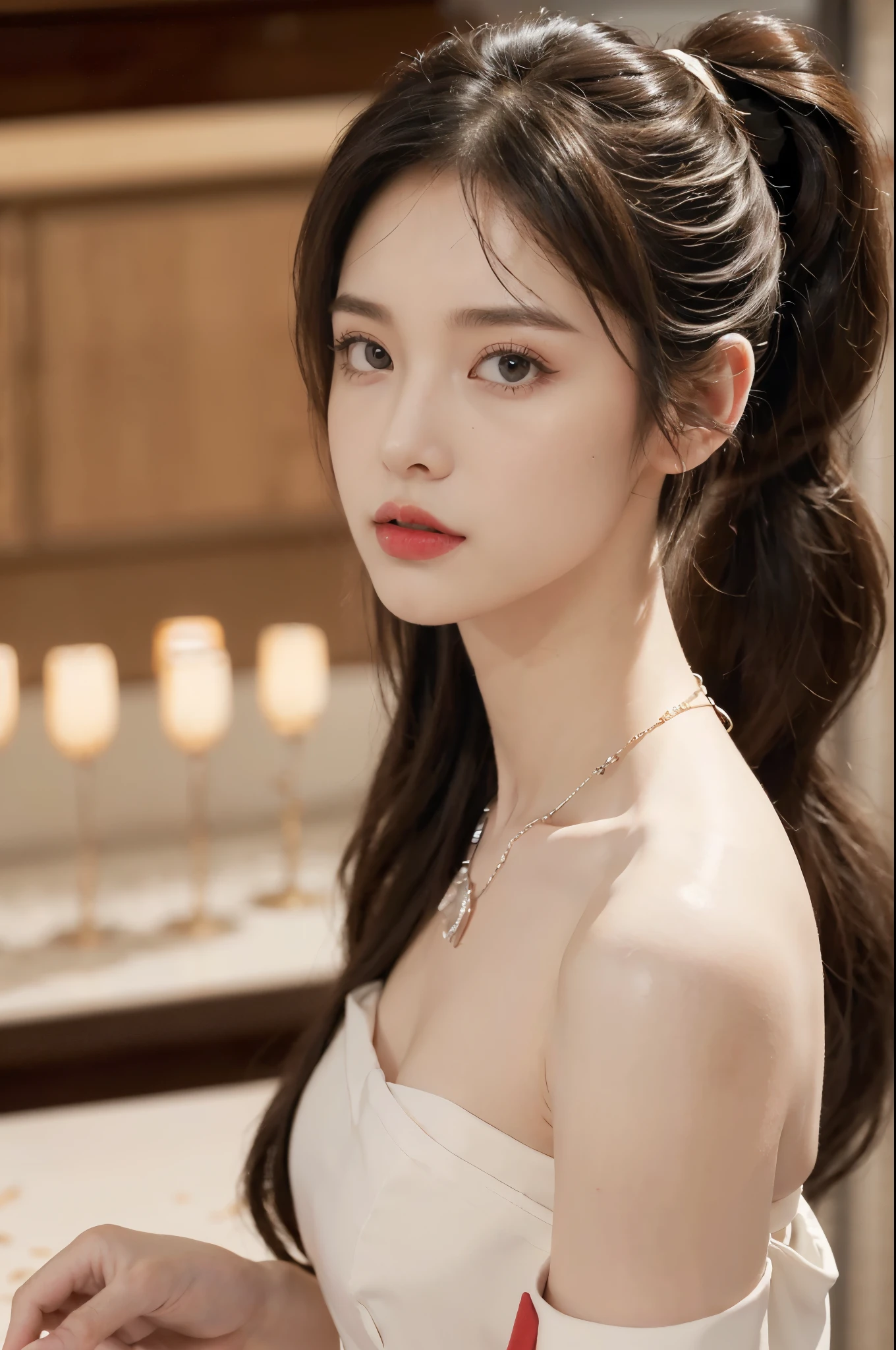 1girl,bangs,bare arms,collar,strapless white lace dudou,cleavage,detailed background,detailed eyes,brown hair,earrings,upper body,jewelry,slim,flat chest,ponytail,looking at viewer,makeup,night scene,red lips,signature,laughing,solo,On the T-stage,fashion show,Surrounded by crowded crowds on both sides of the stage,neon lights