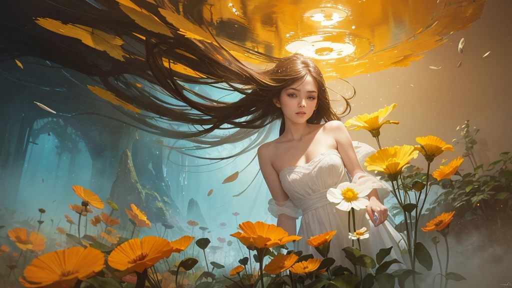 32k, Masterpiece, highest quality, One girl, Detailed eyes, flower,Sandersonia, Yellow and white style,A dreamy, romantic piece,Pale orange, Mysterious Leaves,A playful arrangement,Fantasy,High Contrast,Ink strokes,explosion,Exposure, Impression of yellow and white tones,Abstract,((Watercolours by John Berkey and Jeremy Mann )) Brush strokes,Negative Space, Tyndall effect,