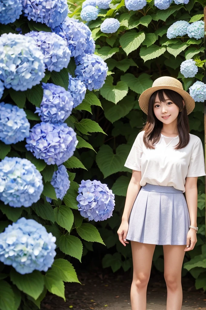 A cute 20-year-old girl standing in a park with hydrangeas in bloom(mini skirt)