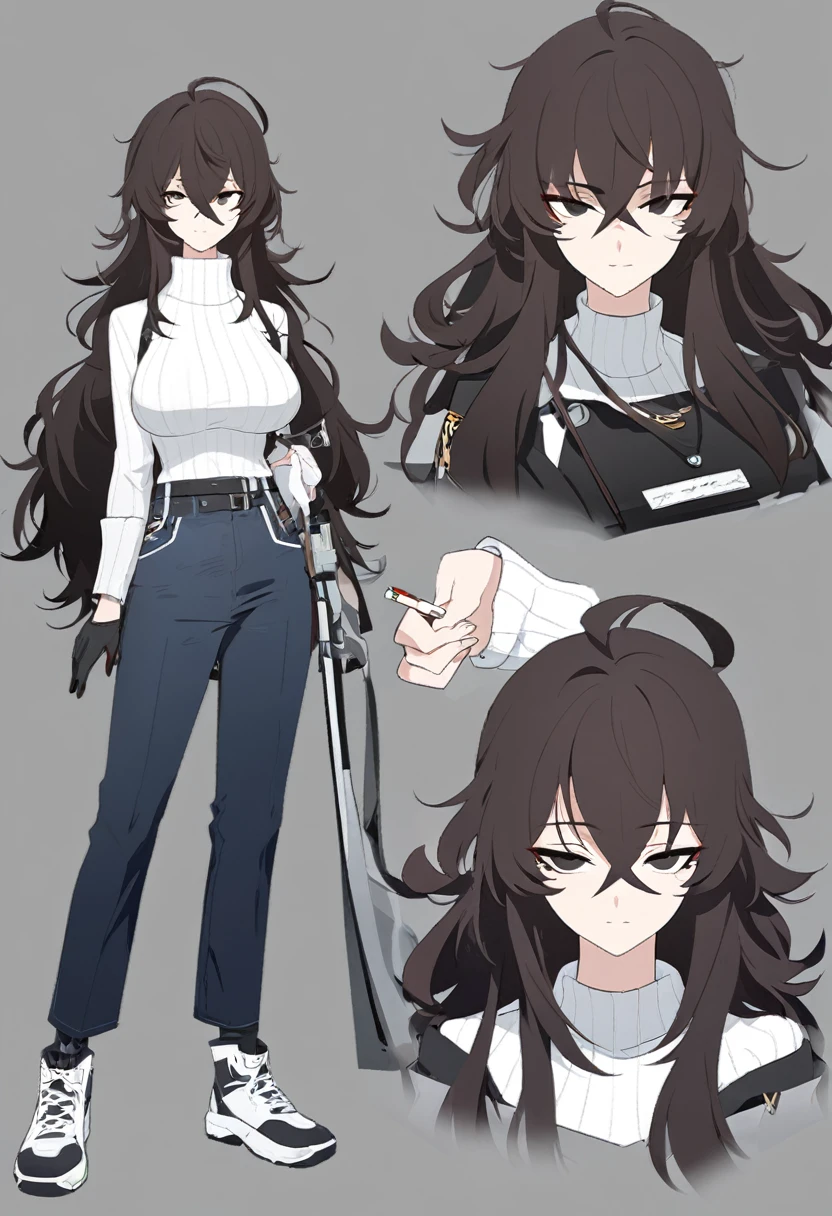 One Woman,Downer,older sister,Concept Art,Dark brown hair,Straight hair with slight inward curls,Staring eyes,Eye Ridge,black eye,Crossed bangs,whole body,smile,Larger breasts,Gray background,Bangs that reach down to the eyes,Messy hair,Perfect dark jeans,White turtleneck sweater,Multiple views of the same character,Character Design,Dark circles under the eyes,Bad look,Listless,Sloppy,accessories,Arknights Wind,Cafe staff,Holding a cigarette,whole bodyCharacter Design,