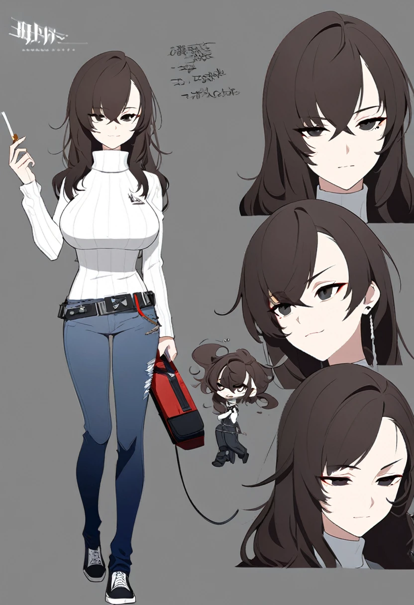 One Woman,Downer,older sister,Concept Art,Dark brown hair,Straight hair with slight inward curls,Staring eyes,Eye Ridge,black eye,Crossed bangs,whole body,smile,Larger breasts,Gray background,Bangs that reach down to the eyes,Messy hair,Perfect dark jeans,White turtleneck sweater,Multiple views of the same character,Character Design,Dark circles under the eyes,Bad look,Listless,Sloppy,accessories,Arknights Wind,Cafe staff,Holding a cigarette,whole bodyCharacter Design,